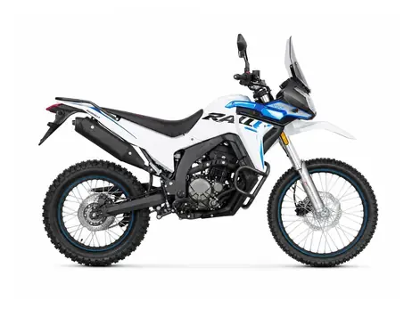 Voge 300 Rally, Enduro in Weiß mit blauen Akzenten in der Seitenansicht