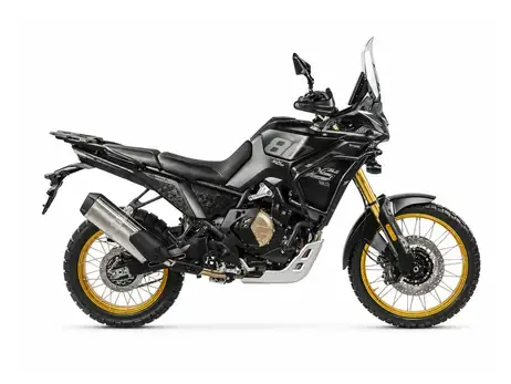 Voge DS800X Rally, schwarze Reiseenduro mit goldenen Speichenfelgen in der Seitenansicht